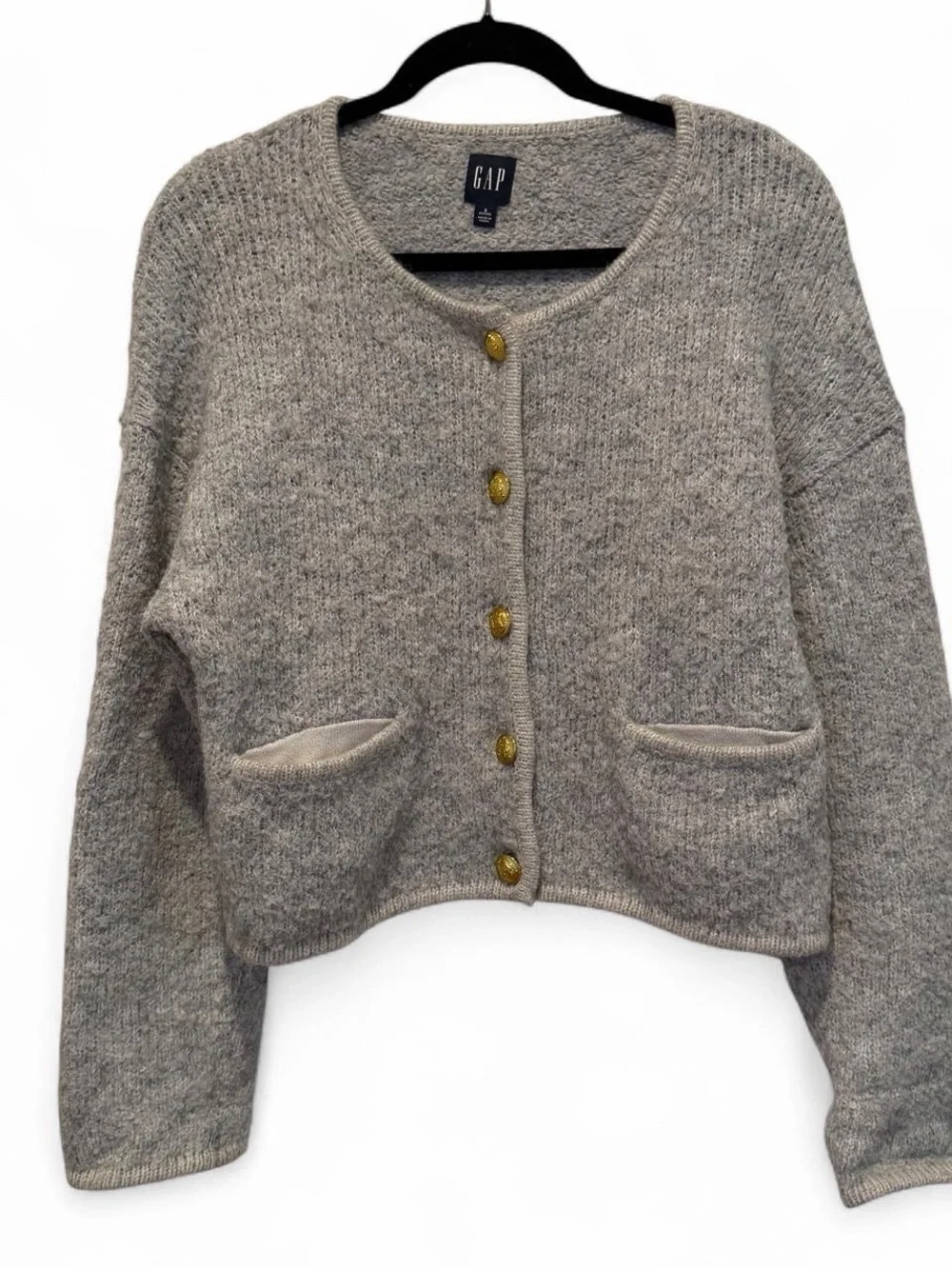 GAP Gray Crewneck Cardigan with Gold Buttons Small Petite